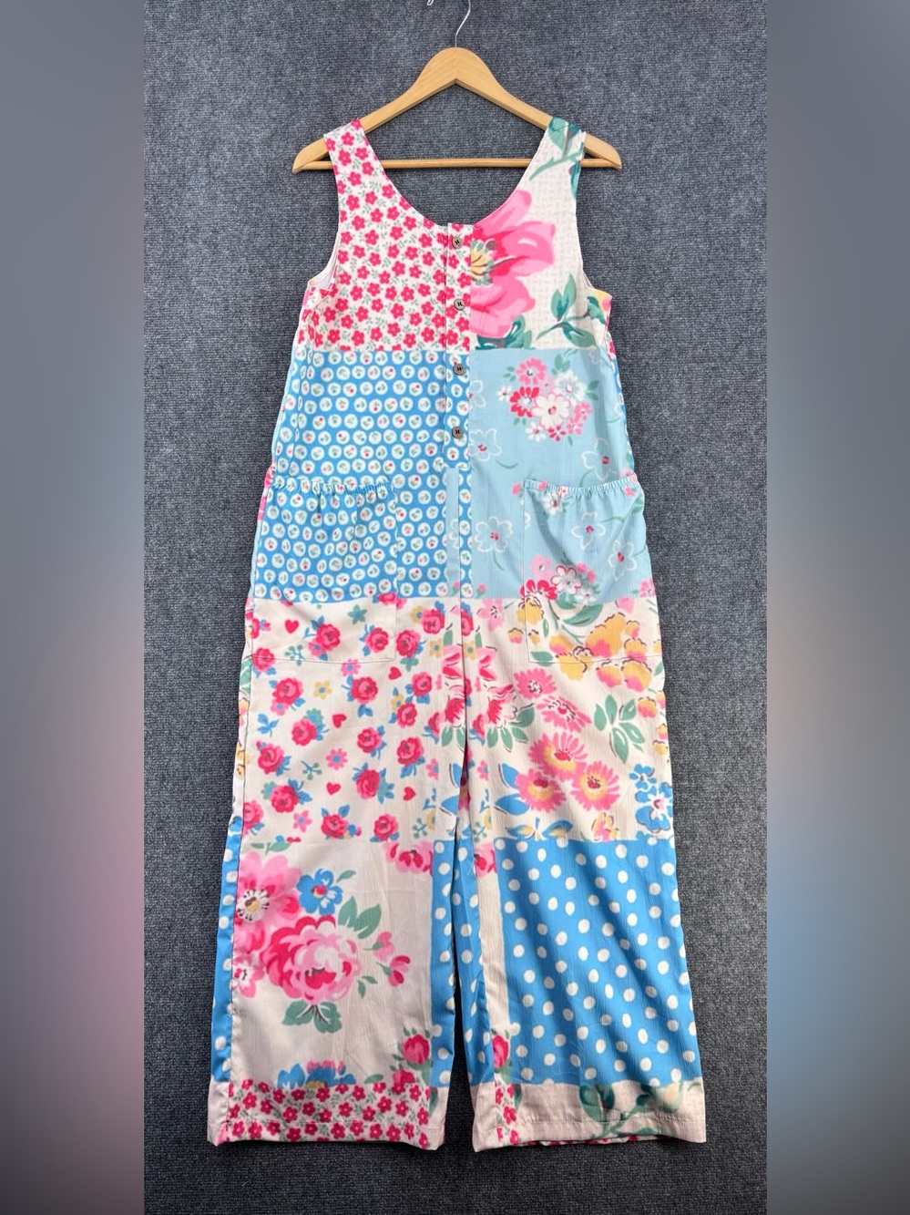 Floral Patchwork Whimsical Artsy Jumpsuit Cropped Wide Leg Women’s S Oversized